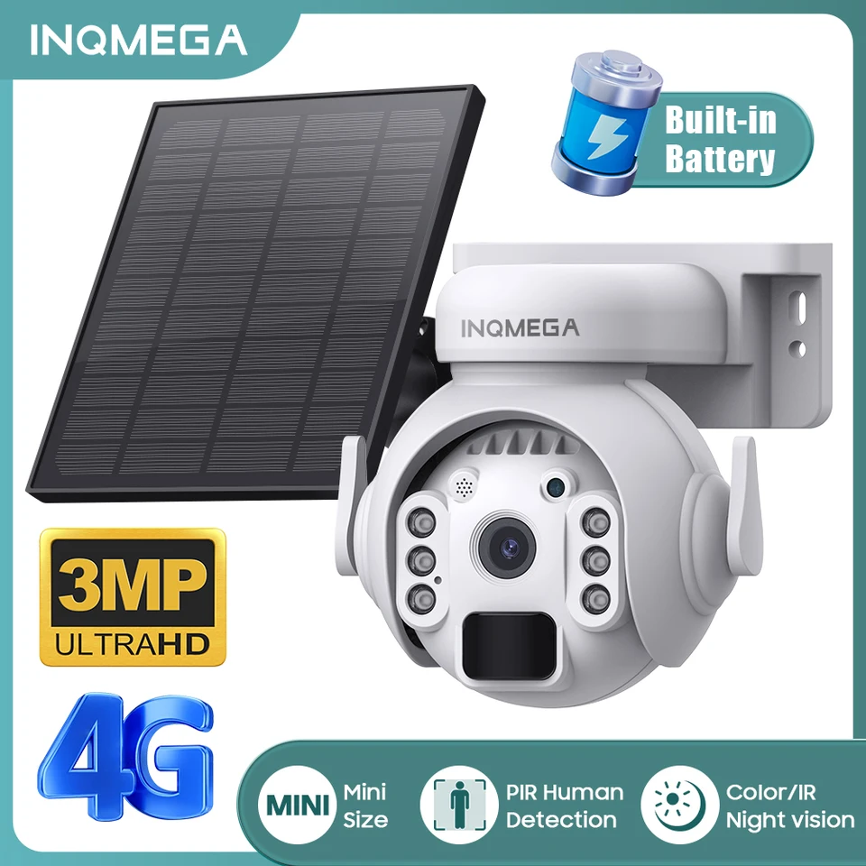 Inqmega 3MP WiFi Solar Security Camera 4G SIM Outdoor Solar Panel Night Vision Sledovanie PIR Monitor Video PTZ fotoaparát PTZ