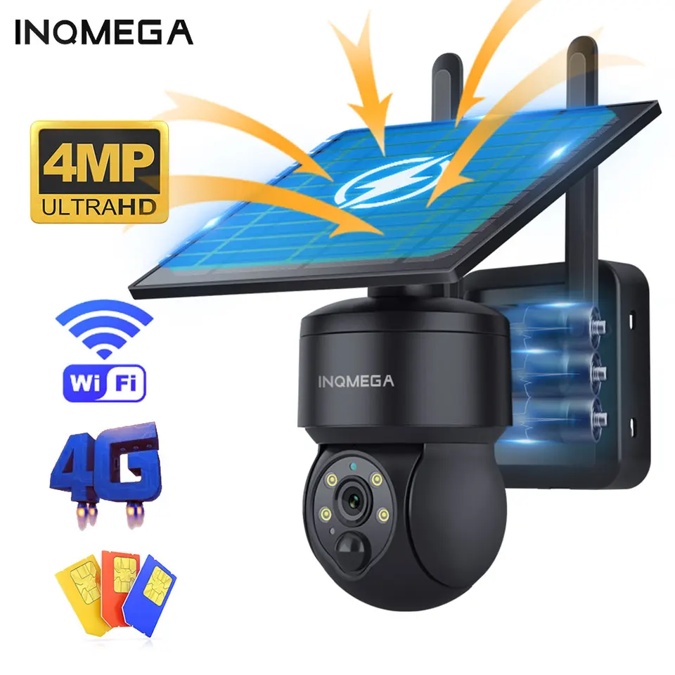 Inqmega 4MP 4G / WiFi Outdoor SIM karta fotoaparát Mini solárny panel Sledovanie kamery 7200 mAh IP66 PIR Video Battery Cam