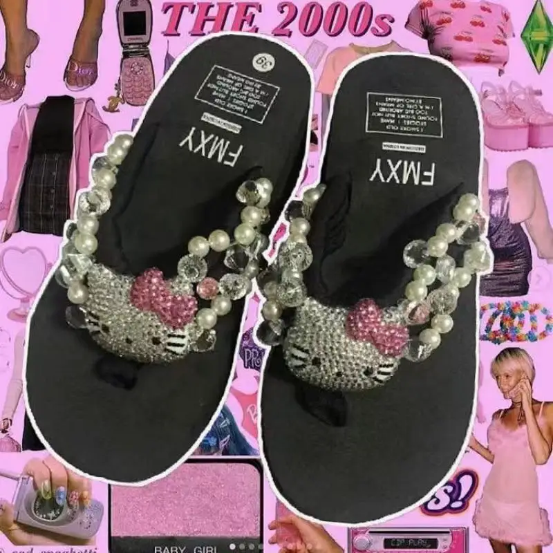 Ins 6cm Sanrio Hello Kitty y2k plné diamantov žabky plážové topánky Perl lesk mačiatka s vysokým obsahom temperamentu Päty darčeková hračka