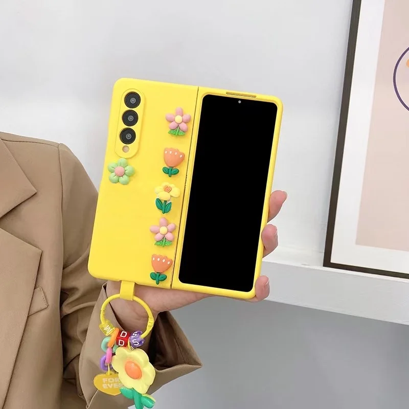 Ins móda roztomilý kvet prívesok citrón žltý puzdro pre Samsung Galaxy Z Fold 6 5 4 3 2 5G Čerstvé kvety matná pokožka kryt