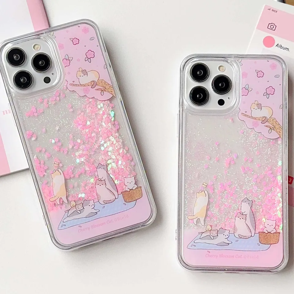 Ins Quicksand Glitter Cute Pink Cat Flower Cartoon Puzdro pre iPhone 12 15 Pro Max 13 14 Promax Krásny nárazový odolný kryt