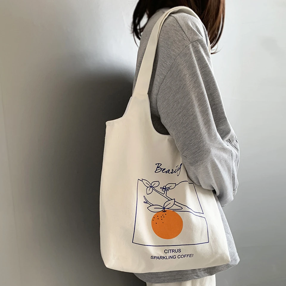 INS Simple Fruit Orange Canvas BAG Literárne dámske plátno vrecká vrecká štýl Simple prenosný vrecko na rameno skladacie ekologické potraviny tote