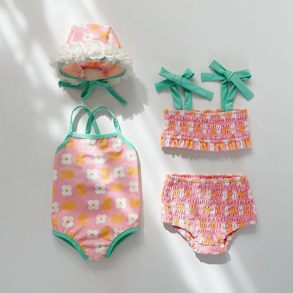 Instagram Kórejská verzia Girl Baby Flower s kapucňou jeden kus plaviek novorodenecké bikiny Split kus Swimsuit Trojdy kusové set Trend Trend Trend