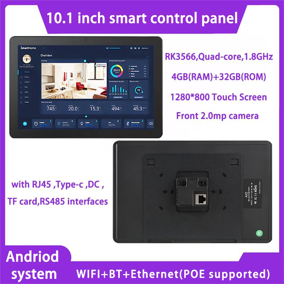 Inteligentný domáci ovládací panel 10,1 palca Andriod 11 OS v tablete Poe Sall Poe s dotykovou obrazovkou LED LEG SLEFT SLETOVÉ KOMERA RJ45 RS485