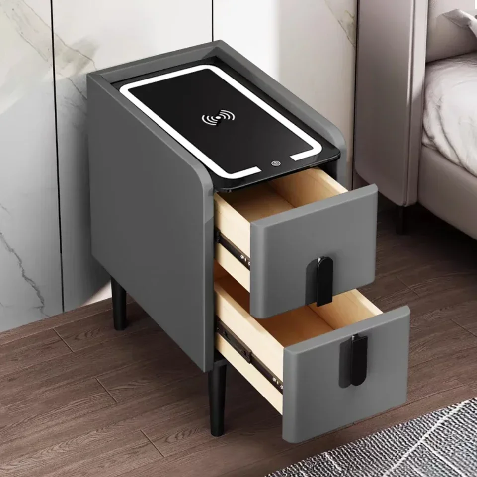 Inteligentný posteľný úzky stôl Jednoduchý LED Ultra Save Space Smart Bedsides Skrinka s bezdrôtovým nabíjacím stolom USB