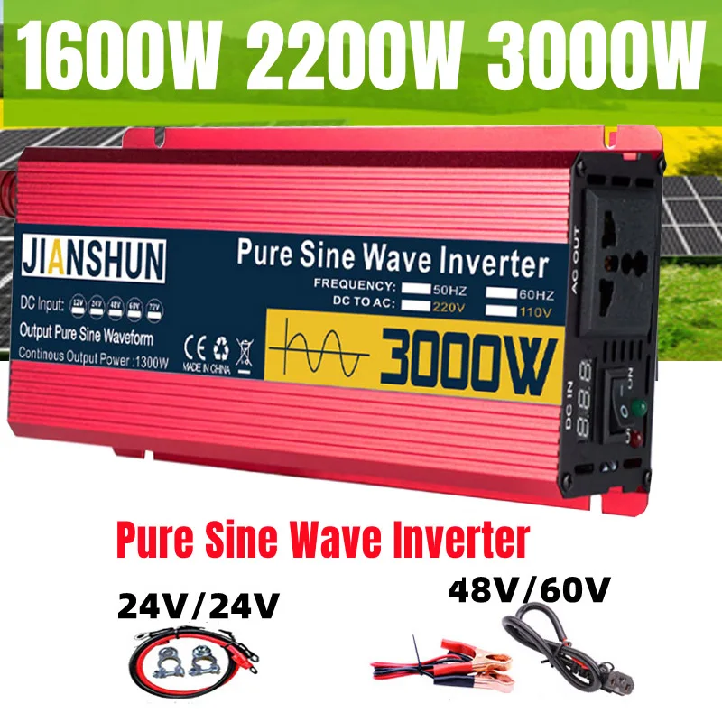 Invertor 12V 220V Pure Sine Wave 1000W 1600W 2200W 3000W DC 12V až AC 220V Prenosný solárny menič automobilu