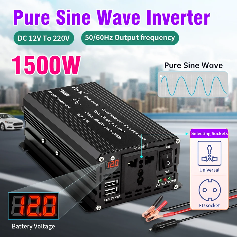 Invertor Pure Sine 12V 220V 1000W 1500W Frekvencia plug frekvencie 50 Hz 60Hz prevodník s 3,1a LED duálnym slnečným transformátorom USB