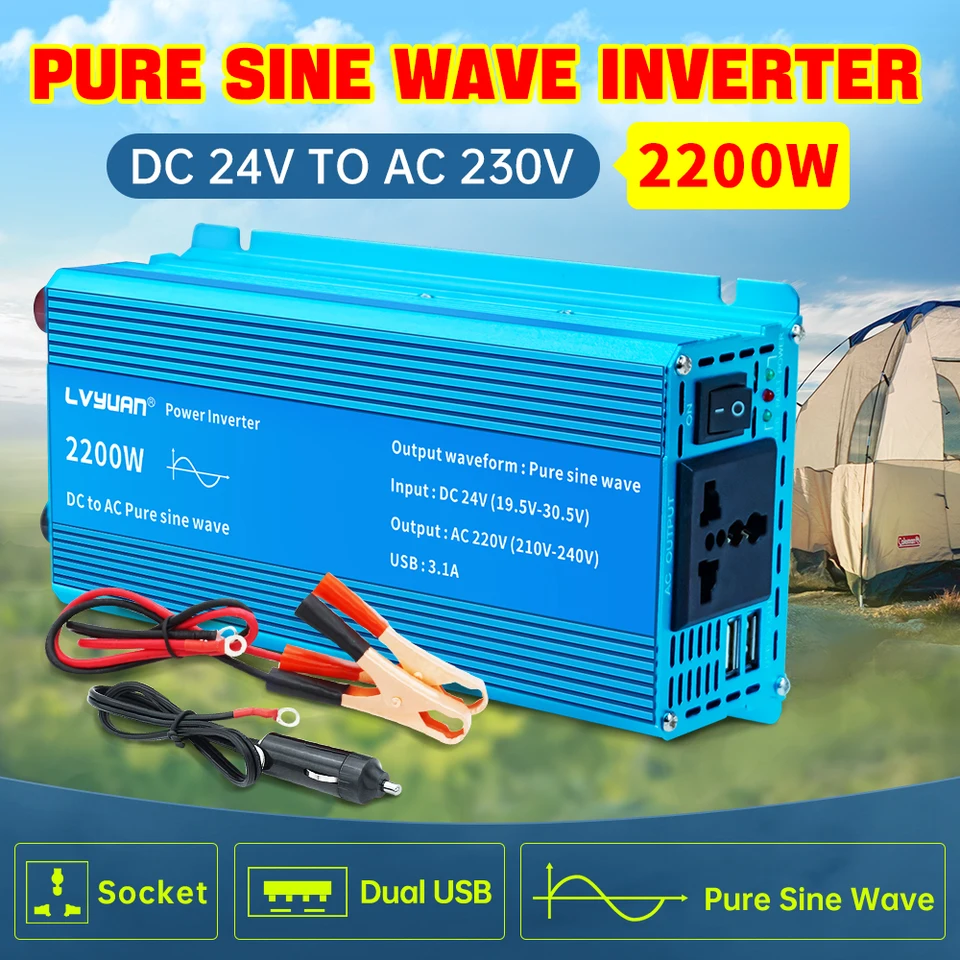 Invertor Pure Sine Wave DC12V 24V až AC220V 1500W/2200W inverzor Dual USB porty napájacie napájanie