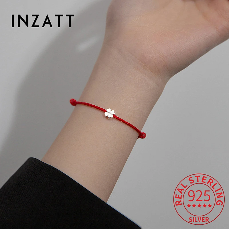 Inzatt Classic S925 Sterling strieborné kvety Červené lano ďateliny nastaviteľný náramok pre ženy, jemné šperky minimalistické príslušenstvo