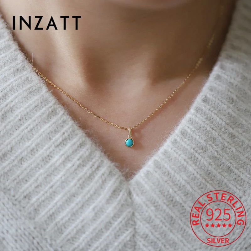 Inzatt Real 925 Sterling Silver 14k Gold -Plated Round Turquoise prívesok Náhrdelník Choker pre ženy Klasické jemné šperky