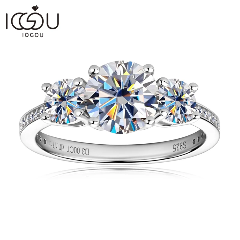 Iogou Luxury Tri kamenné zásnubné svadobný prsteň 925 Sterling Silver d3.0ct D farba Moissanit Rings Dámske šperky Gra certifikované