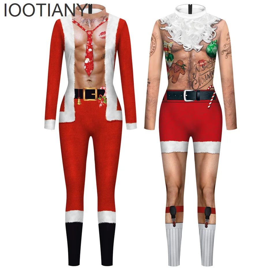 Iootiany Ženy/muži vianočné svalové tlač Cosplay kostým sexy kombinézy Kodysuit dospelých karnevalových večierkov