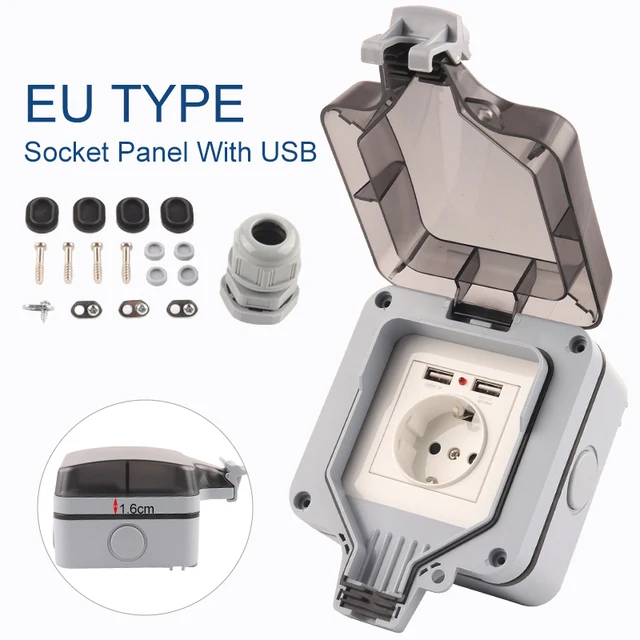 IP66 EÚ štandardný nemecký štýl vonkajší vodotesný vodotesný s USB Socket Wall Switch Socket zásuvka zásuvka AC 250V 16A Home