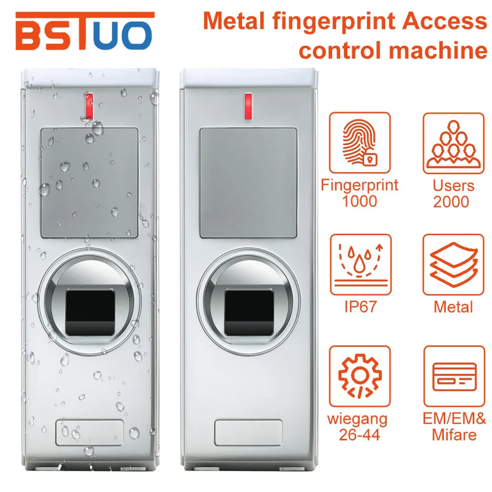 IP66 kovový biometrický odtlačok prstov Standalone Access Control System RFID Card Reader s WG26-44 Dvers Controler 2000 Users 2000