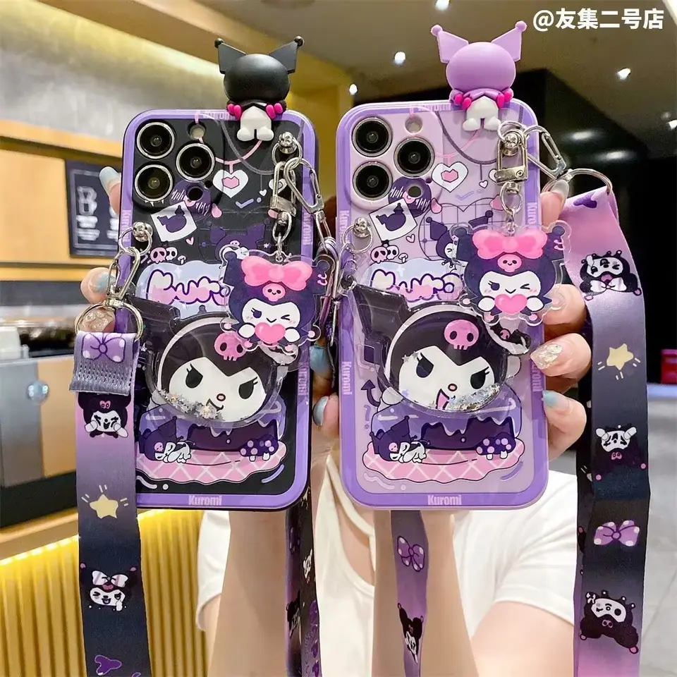 IPhone 14 15 13 12 max x xr plus pro se 8 sanrio kuromi telefónne puzdro dievča silikónové mäkké roztomilé podporné prenosné ramenné remienok