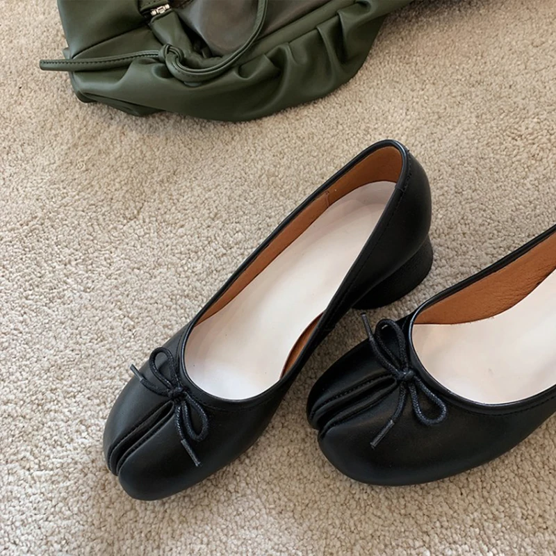 IPPEUM Split Toe Ballerinas Women Black Leather Mary Janes Round päsť plus veľkosť 43 päty stredných pätí