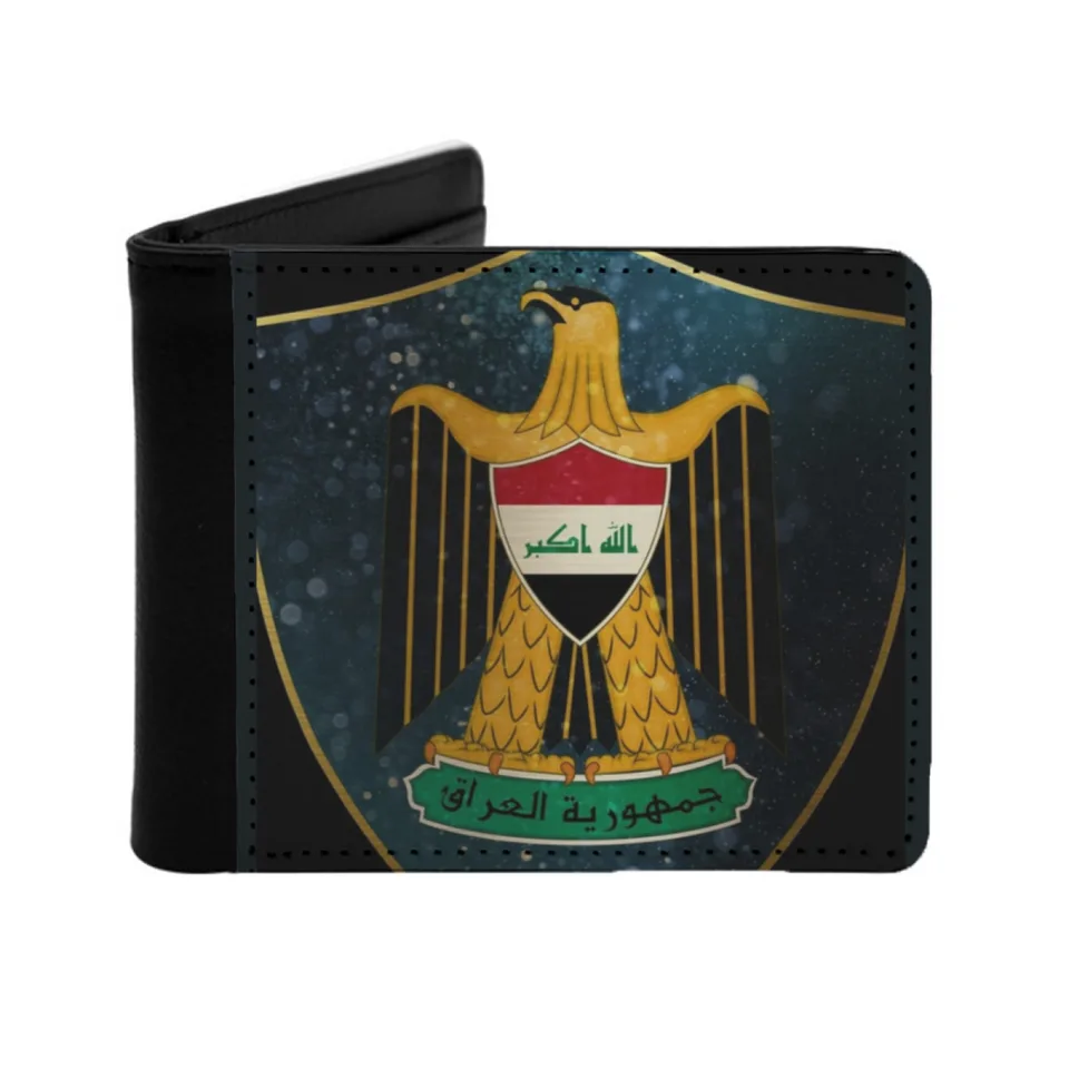 Irak Coat of Arms kožené muži peňaženky Držiteľ kreditnej karty Black Wallet Vlaj hrdý iracký iracký pých