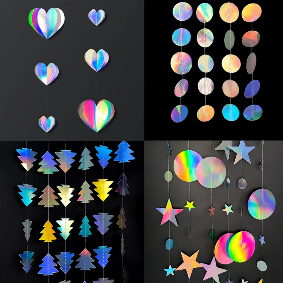 Iridescent papierové girlandy Banner Streser Streamer Závesné dekorácie Circle Dots Twinkle Star Girls Narodeninové oslavy Dodávky
