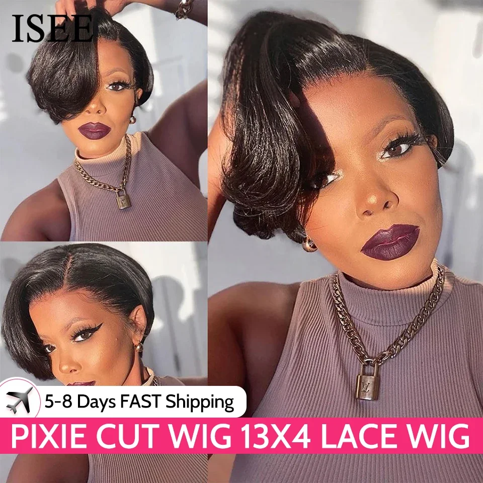 ISEE Hair Short Bob Parochňa Parochňa predné ľudské vlasové parochne pre ženy pre ženy Priame vlasy Rovné pixie Cut Parochňa 13x4 čipka Čelné parochňu ľudské vlasy