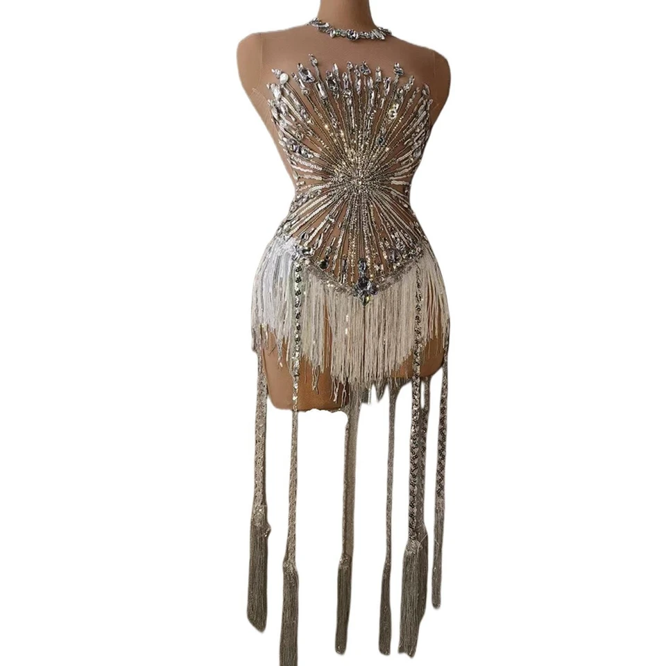Iskrivé kamienky Fližby Fližby Fringes Leotard for Women Sexy Mesh Transparent Performance Dance kostým pódium Wear Club outfit