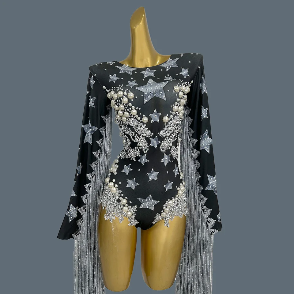 Iskrivé kamienky Fringes Skinny Bodysuit Ženy luxusný výkon tanec Singer kostým Nightclub Bar Stage Wear Starqun