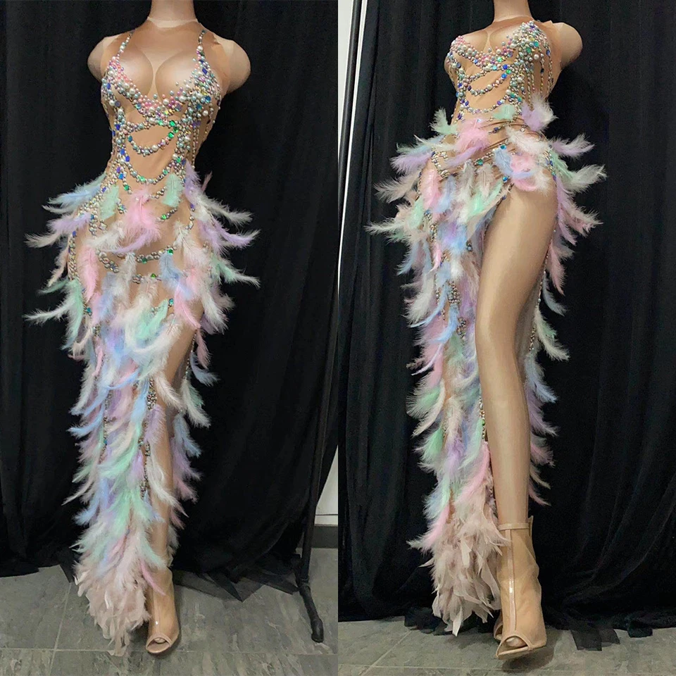 Iskrivé tlačené perie dlhé šaty drag queen kostým prom narodeniny oslavujú sexy outfit pódium Wear 2022 nový ružový elegantný