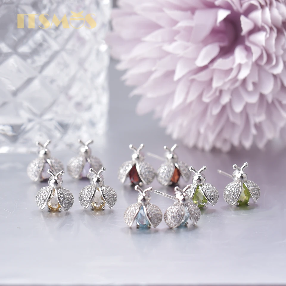 ITSMOS LADYBUG STUD Náušnice ametyst citine topaz garnet peridot diamantový hmyz náušnice prírodné kamenné šperky pre ženy