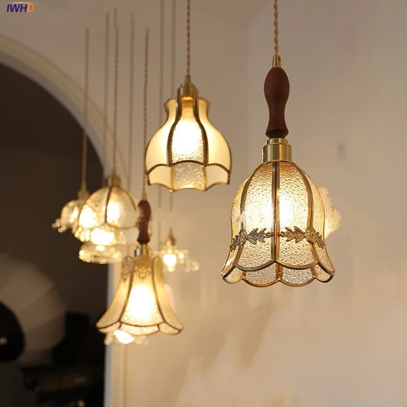 IWHD Walnut Wood Lof LED Prívesok Lights Lights Living Room Room Restaurant 200 cm Drôt nastaviteľný domáci výzdoba Vintage sklenená zavesená lampa