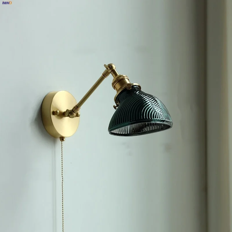 Iwhd zelená otočná LED nástenná lampa Svätý reťazec Prepínač Štúdium chodba podkrovie vintage sklenené medené schodisko Svetlo svietidla WandLamp WandLamp