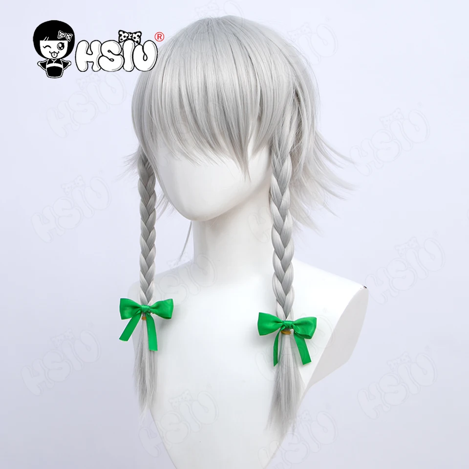 Izayoi Sakuya Cosplay Wig Anime Touhou Project Cosplay 「HSIU」 Syntetické parochňové striebro a biele dvojité spletené krátke parochne