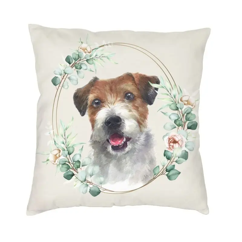Jack Russell Terrier Dog v kvetinovom zlatom vankúšiku vankúšik
