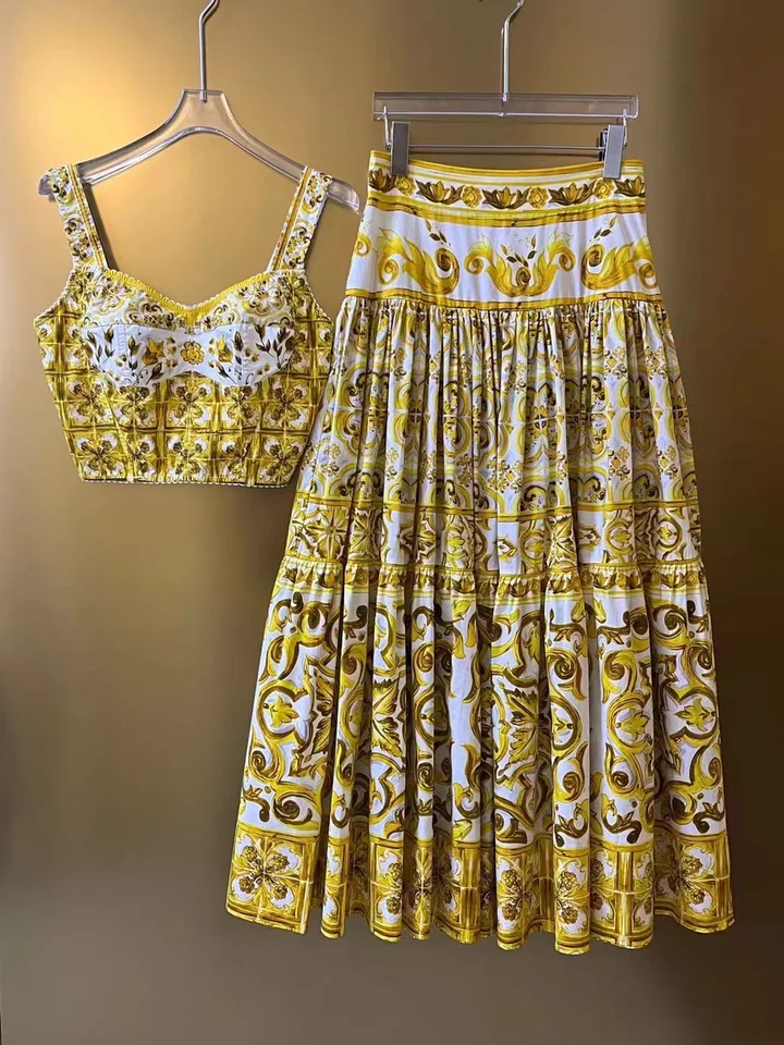 Jamerary Summer Holiday Floral Dvojdielne ženské sukne súpravy sexy korzet plodiny a dlhé maxi sukne obleky 2ks tlačené oblečenie