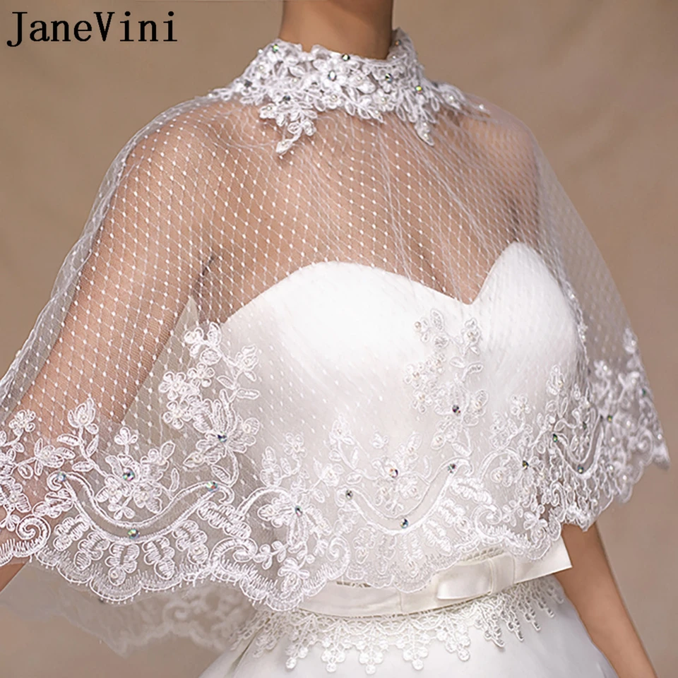 Janevini leto s vysokým krkom Svadobné čiapky pre svadobné šaty biele sieťové šnurované čipky Svadobné bundy Žena Bolero Tulle