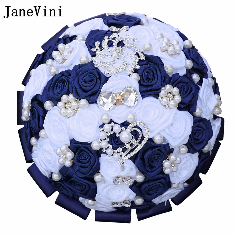 Janevini Navy Blue and White Bride Flowers Bytice Strieborné krištáľové šperky perly Svadobné ruže Svadobné kytice Slub Ramos Novia