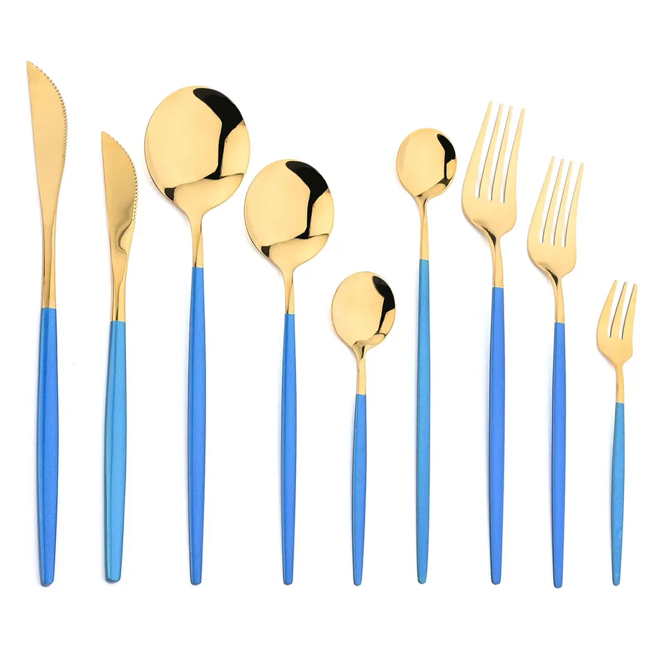 Jankng z nehrdzavejúcej ocele Strieborný riad set modrých zlatých hodiniek sada nožov Fife Spoon Setware Set Washer Washer Bezpečné príbory