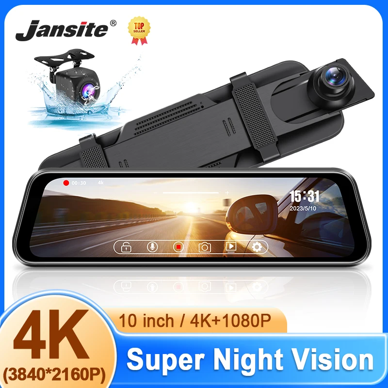 Jansite 10 palcový automobil DVR 4K+1080p Stream Media Super Night Vision Touch Screen Camera Dash Dash