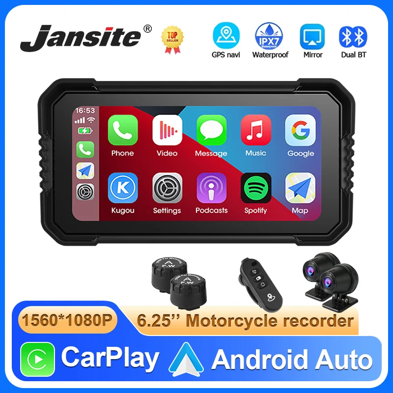 Jansite 6,25 palca GPS navigačná motorka CarPlay nepremokavá prenosná bezdrôtová karta