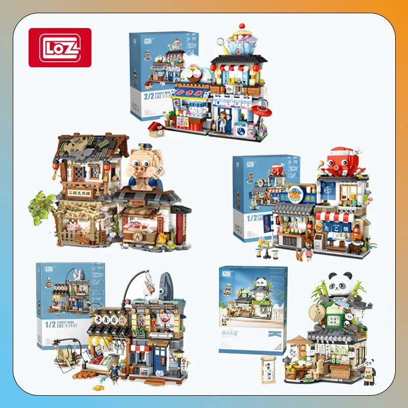 Japan Street View Izakaya Store Mini Building Blocks, Panda TeaHouse Mini Building Blocks Set, Piglet Skladací dom, simulovaný B