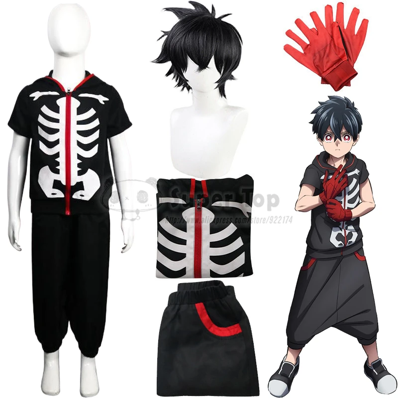 Japonsko Anime Kemono Jihen Kabane Kusaka Cosplay kostým plná súprava pre chlapcov dievčatá halloweenské párty šaty lebka kostru outfit čierny