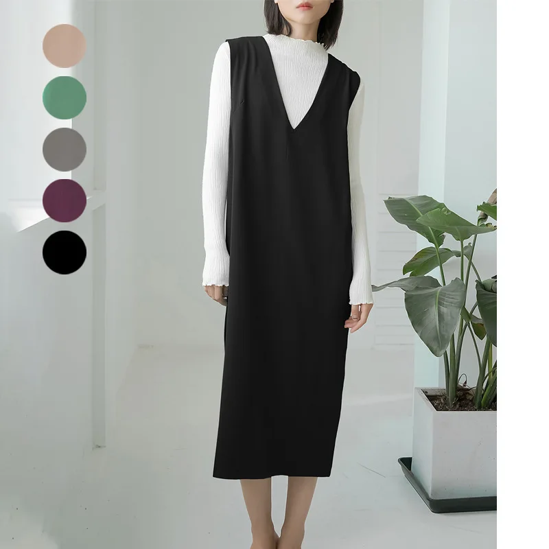 Japonsko Kórea Dámske jesenné a zimné rukávy bez rukávov V-krk na koleno dĺžku dlhé sukne Slid Color vesty šaty s vreckami High Street