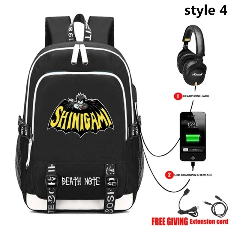 Japonská anime Death Poznámka l USB nabíjacie slúchadlá Jack prenosné tašky Teens Teens School Book Bag Multifunkčné cestovné tašky batohy
