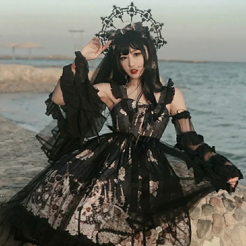 Japonská gotická jsk lOlita šaty Ženy Vintage viktoriánske rukávy bez rukávov Bow Princess Tea Party Dievčatá elegantné tlač lolita šaty