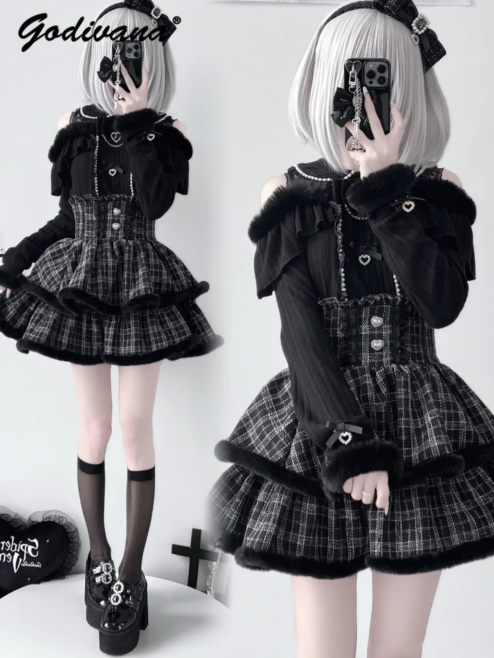 Japonská hromadná výroba Mass Black Pink Lace Plush Dvojvrstvová roztomilá sukňa Tutu Autumn a zimné ženy Vysoký pás krátka sukňa