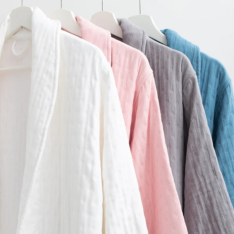 Japonská jednoduchosť 3-vrstvová gázová klopá priadza Sofe Absorpcia voda Home dresing Dlhé šaty dlhé kimono pokožka Loose100% bavlna