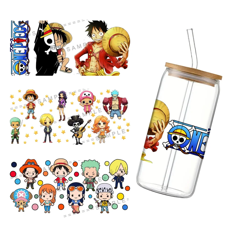 Japonská karikatúra One Piece UV DTF Transfer nálepka Vodotesné prevody prevodov pre 16oz sklenené nálepky