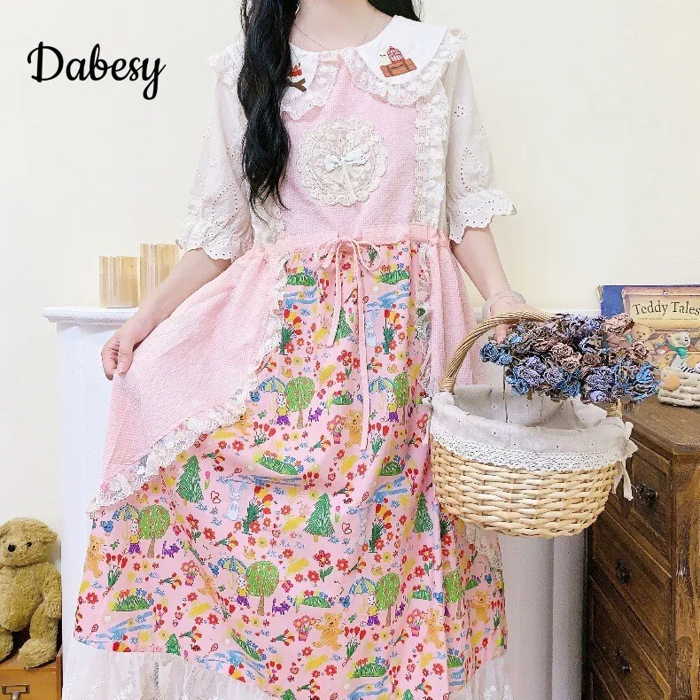 Japonská mori dievča čipka Patchwork ružové šaty leto nové pekné bavlnené ľanové šaty Wome Loose Puff Rucked kawaii midi Vestidos