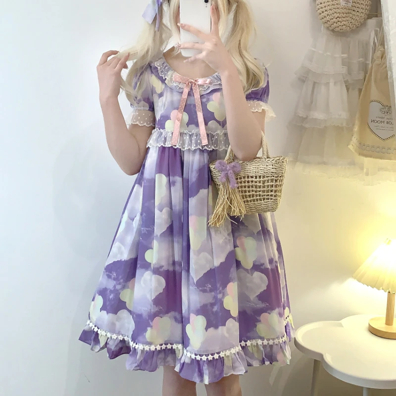 Japonská sladká lolita op šaty Ženy kawaii balónové oblaky tlač princezná šaty dievčatá luk, čipky, roztomilé šifónové mini šaty