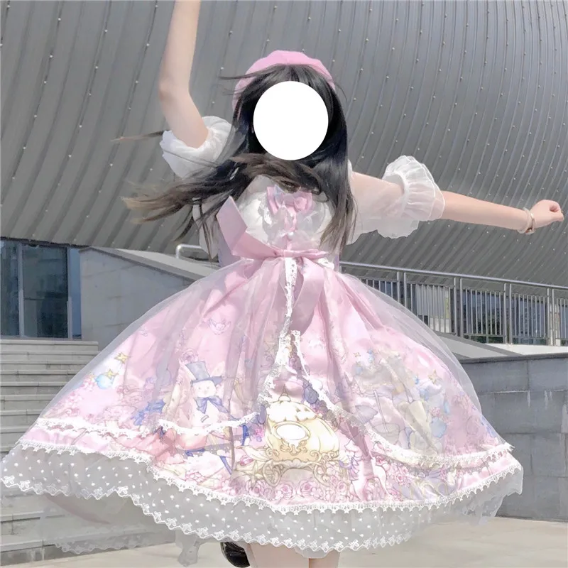 Japonská sladká lolita v štýle mäkké dievčatá Dámske šaty Kawaii karikatúry Bear Rave Party Ruffles bez rukávov čipky s čipkou JSK Sling Šaty