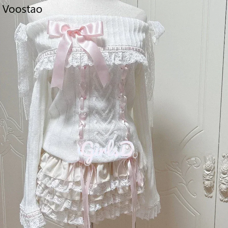Japonská sladká lolita v štýle pletená pullover Ženy vintage lomítko krk čipky bitkážové luk sveter dievčatá roztomilé pletené topy