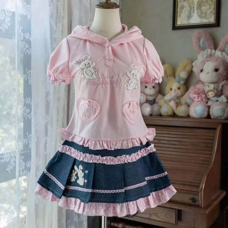 Japonská sladká lolita v štýle sukne súpravy Ženy kawaii výšivka luk bunny uši rukak
